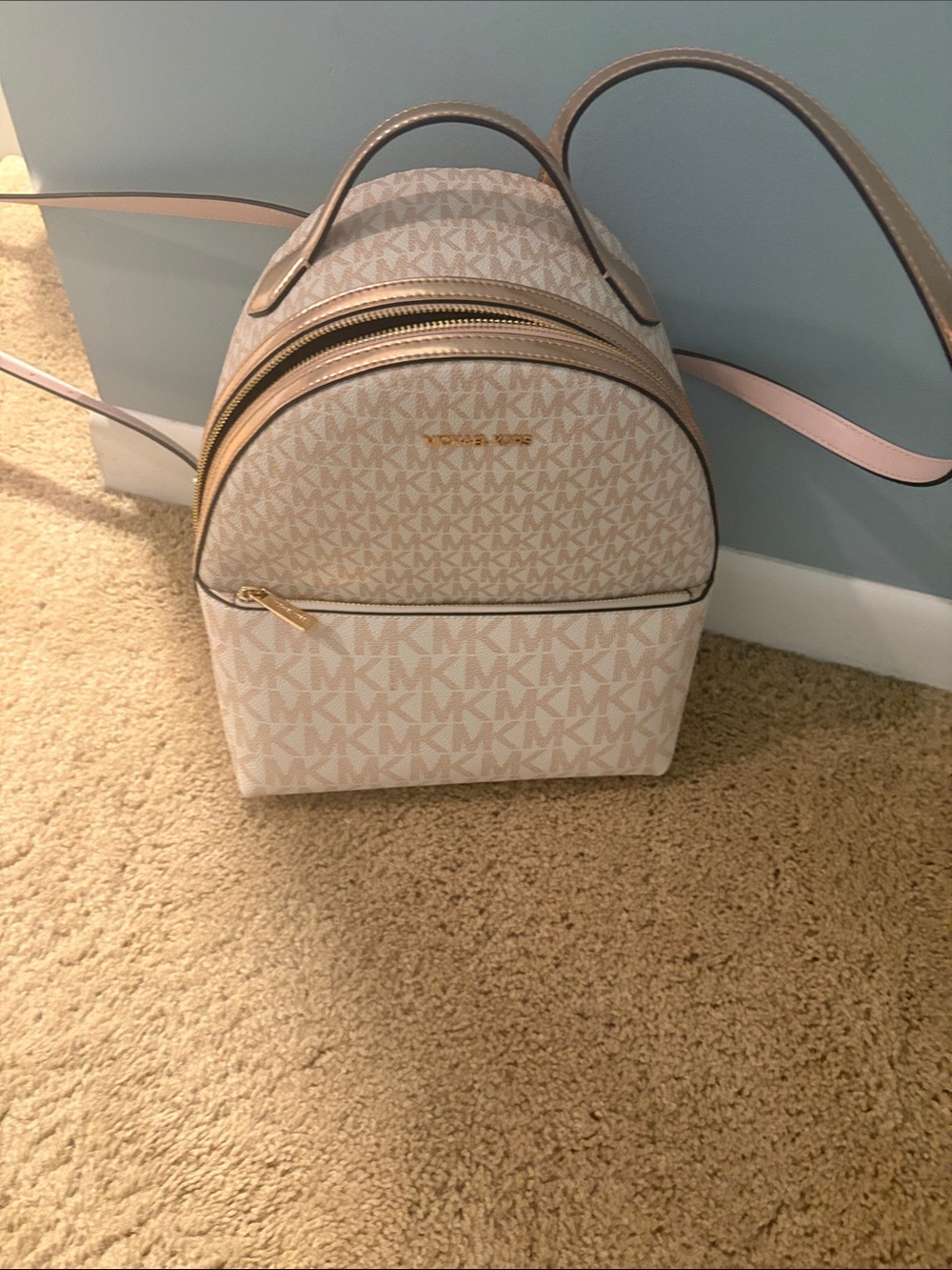 Michael Kors Pale Pink Logo Mini Backpack with Gold Hardware